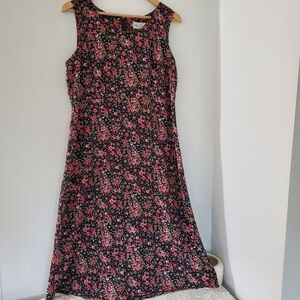 VTG 90s KATHIE LEE 12 Sleeveless Black Floral Red Midi Dress Granny CottageCore